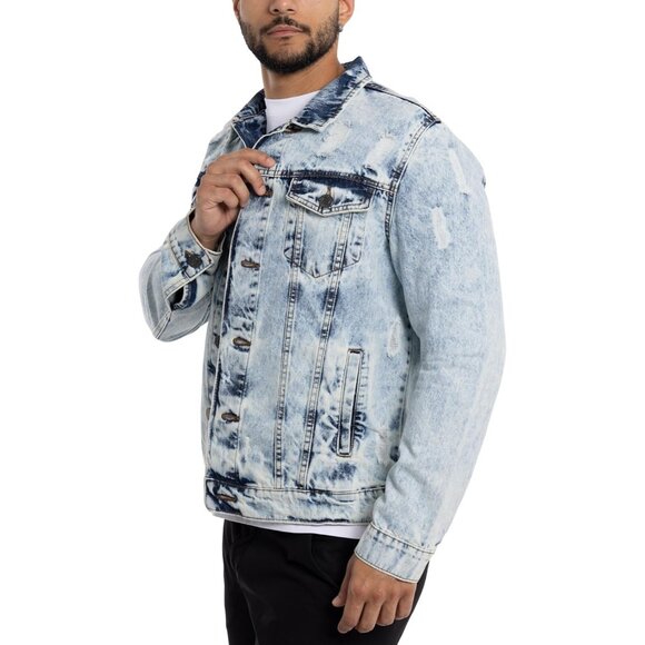 Mens Acid Stone Denim Jacket Washed Ripped Distressed Stretch Casual Trucker - Picture 4 of 9